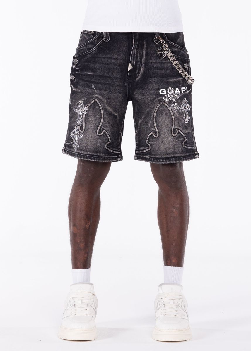 Black Faded Cross Denim Shorts