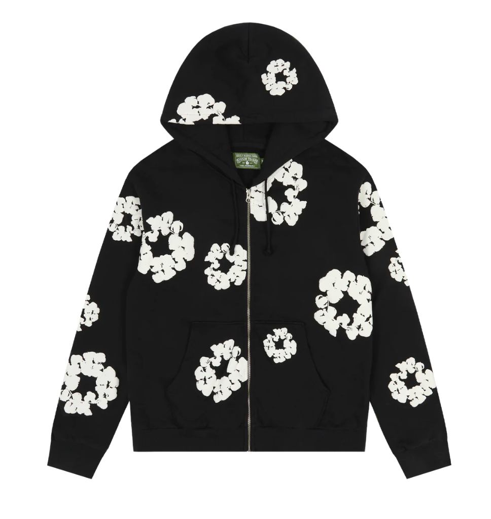 Cotton Wreath Zip Up Hoodie - Black/White